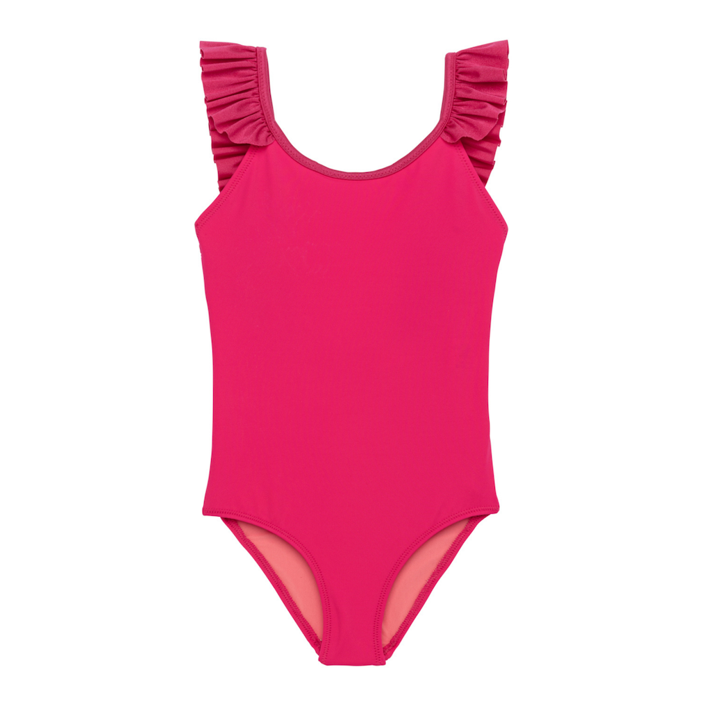 Front of Lison Paris Girl's Bora Bora swimsuit in Framboise pink with ruffles