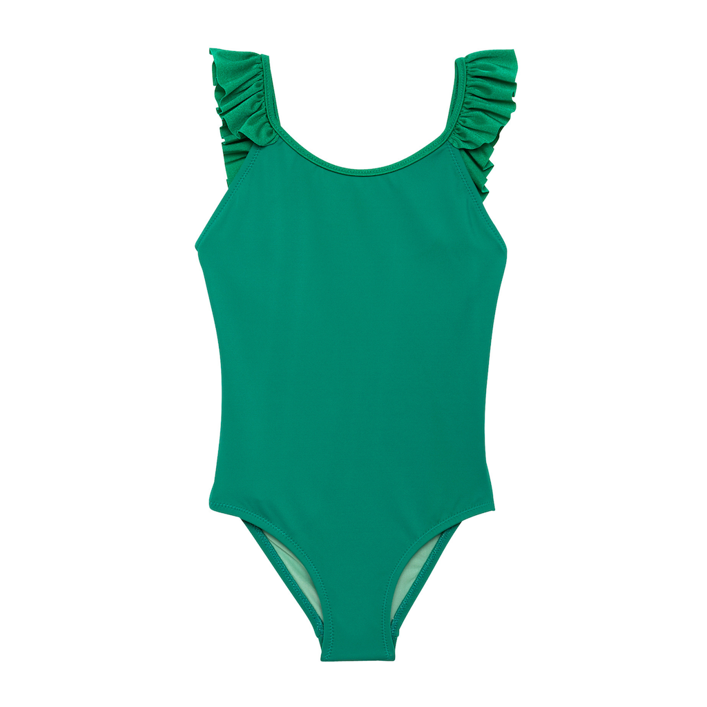 Front of Lison Paris Girl's Bora Bora swimsuit in Tennis green with ruffles