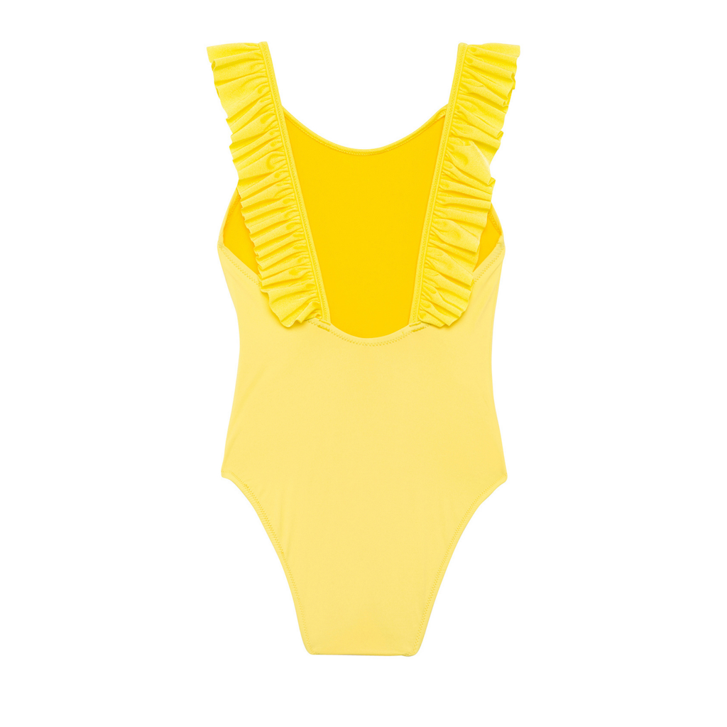 Back of Lison Paris Girl's Bora Bora swimsuit in Yellow with ruffles