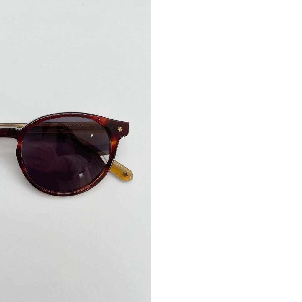 Close up of Maison Juli Fabi Round Sunglasses in Tortoiseshell