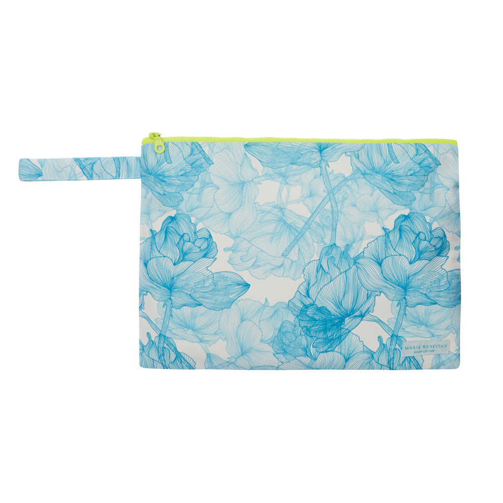 Product shot of the Marie Raxevsky Blue Flower Large Pouch Wet Bag with neon yellow zip