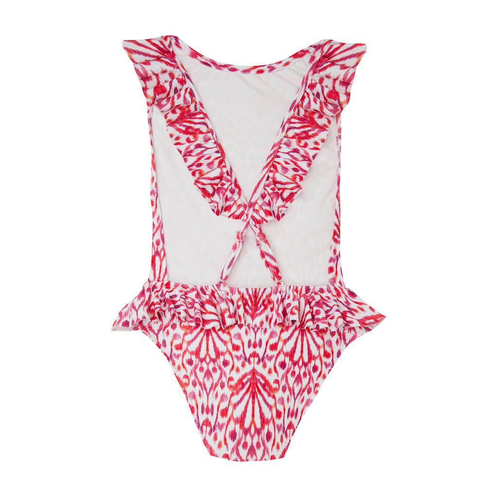 Product shot of the back of the Marie Raxevsky girls ikat floral cross back swimsuit