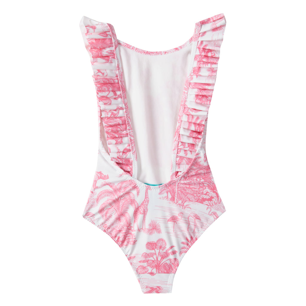Product shot of the back of the Marie Raxevsky pink jungle print pleated swimsuit