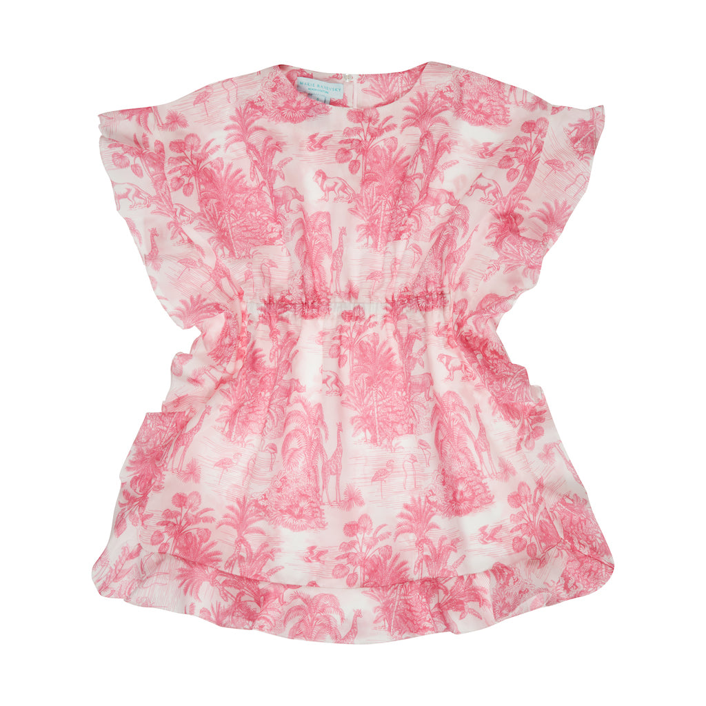 Product shot of the Marie Raxevsky Pink Jungle Ruffled Kaftan Cover Up for girls
