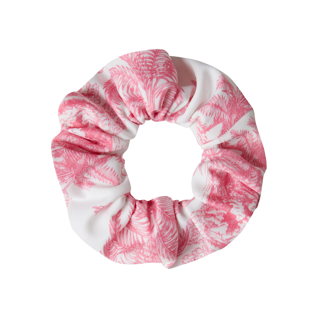 Product shot of the Marie Raxevsky hair scrunchy in Pink Jungle print