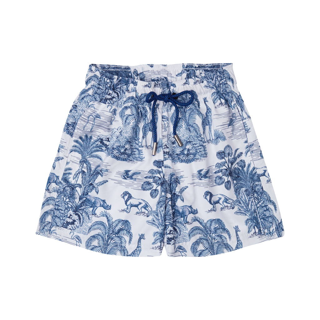 Product shot of the front of the Marie Raxevsky boys swim shorts in blue jungle print