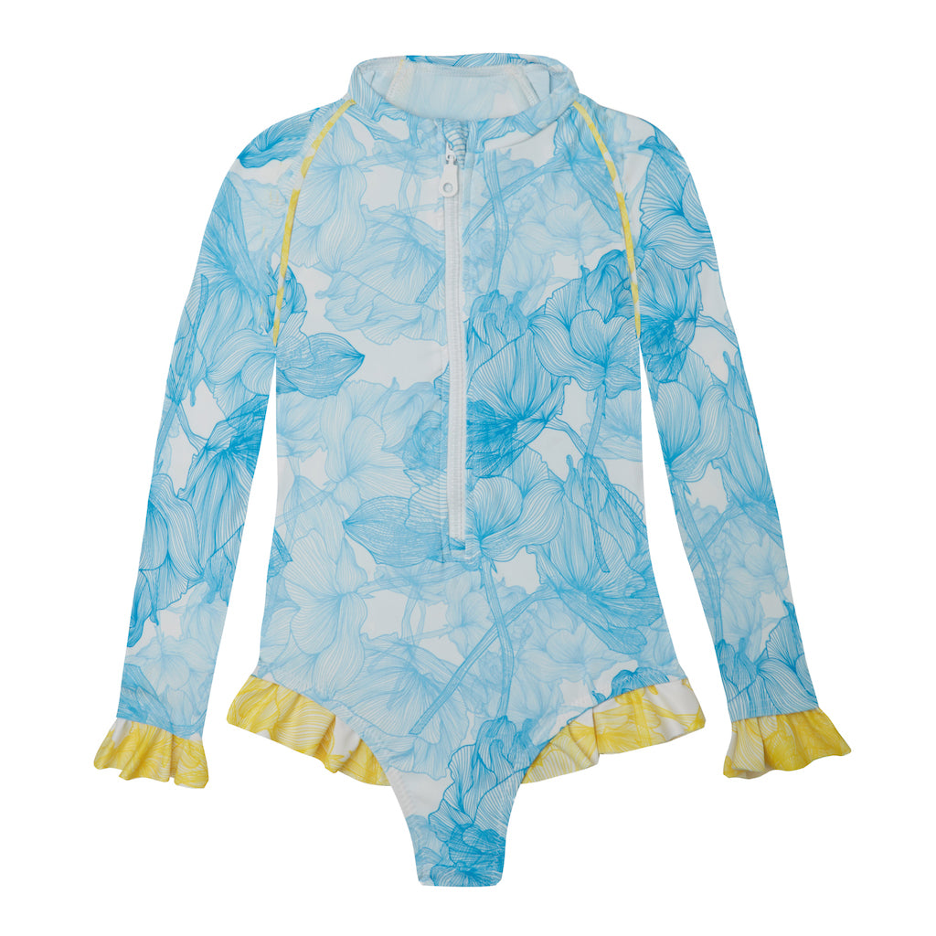 Product shot of the Marie Raxevsky long sleeved one piece swimsuit with ruffles in blue flowers print