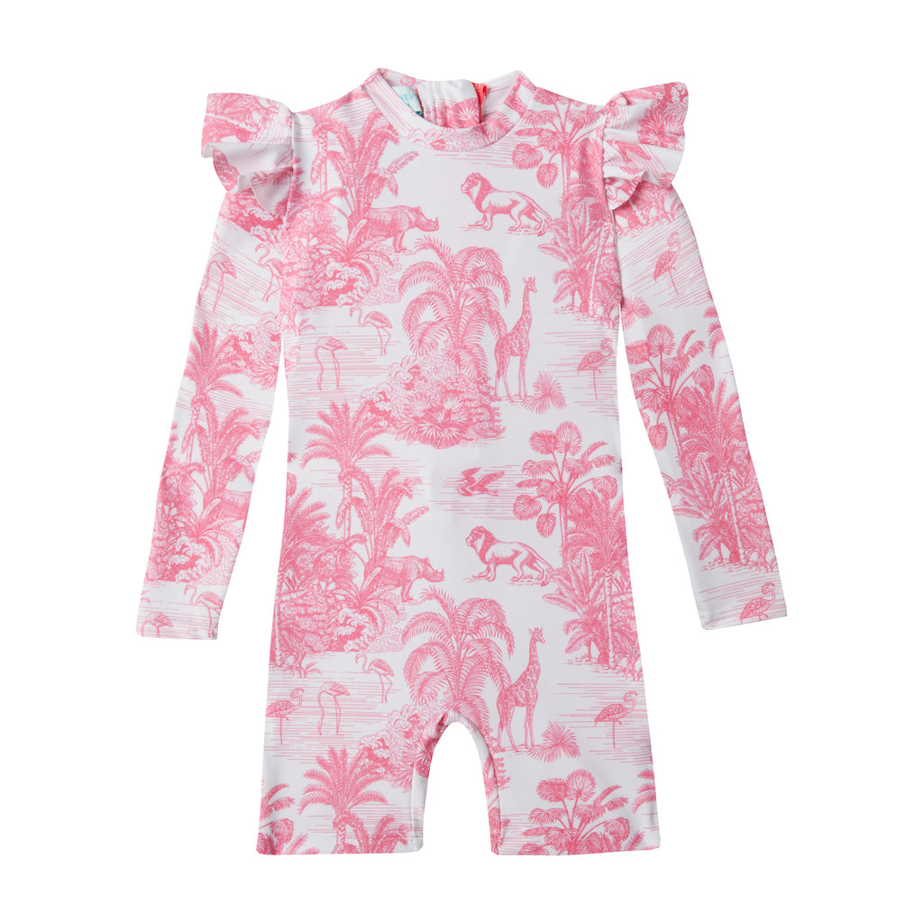 Product shot of the front of the Marie Raxevsky baby and toddler long sleeve bodysuit in pink jungle print