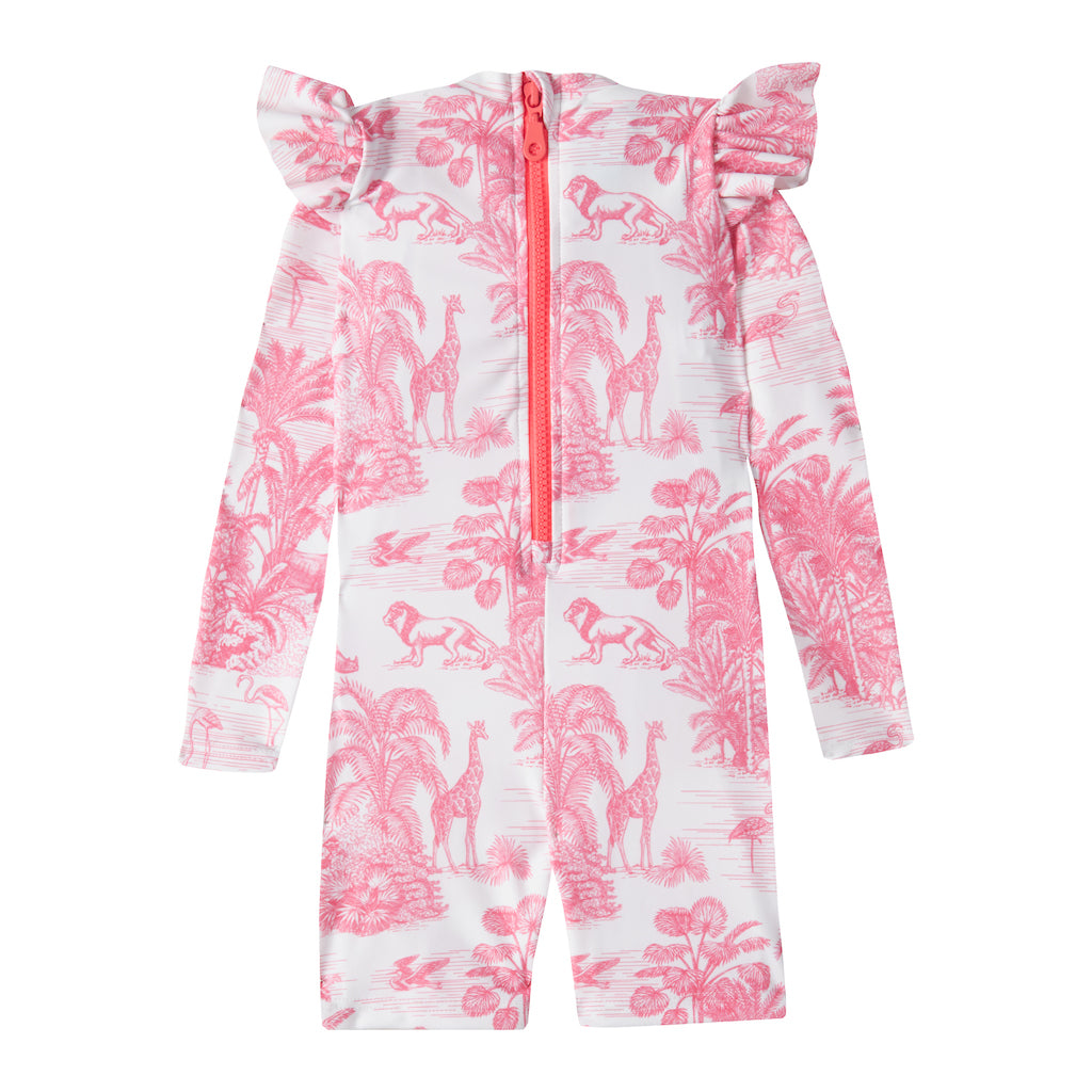 Product shot of the back of the Marie Raxevsky baby and toddler long sleeve bodysuit in pink jungle print