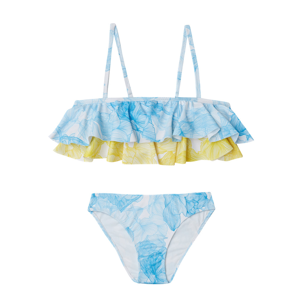 Product shot of the Marie Raxevsky Blue Flowers girls double ruffled two piece bikini