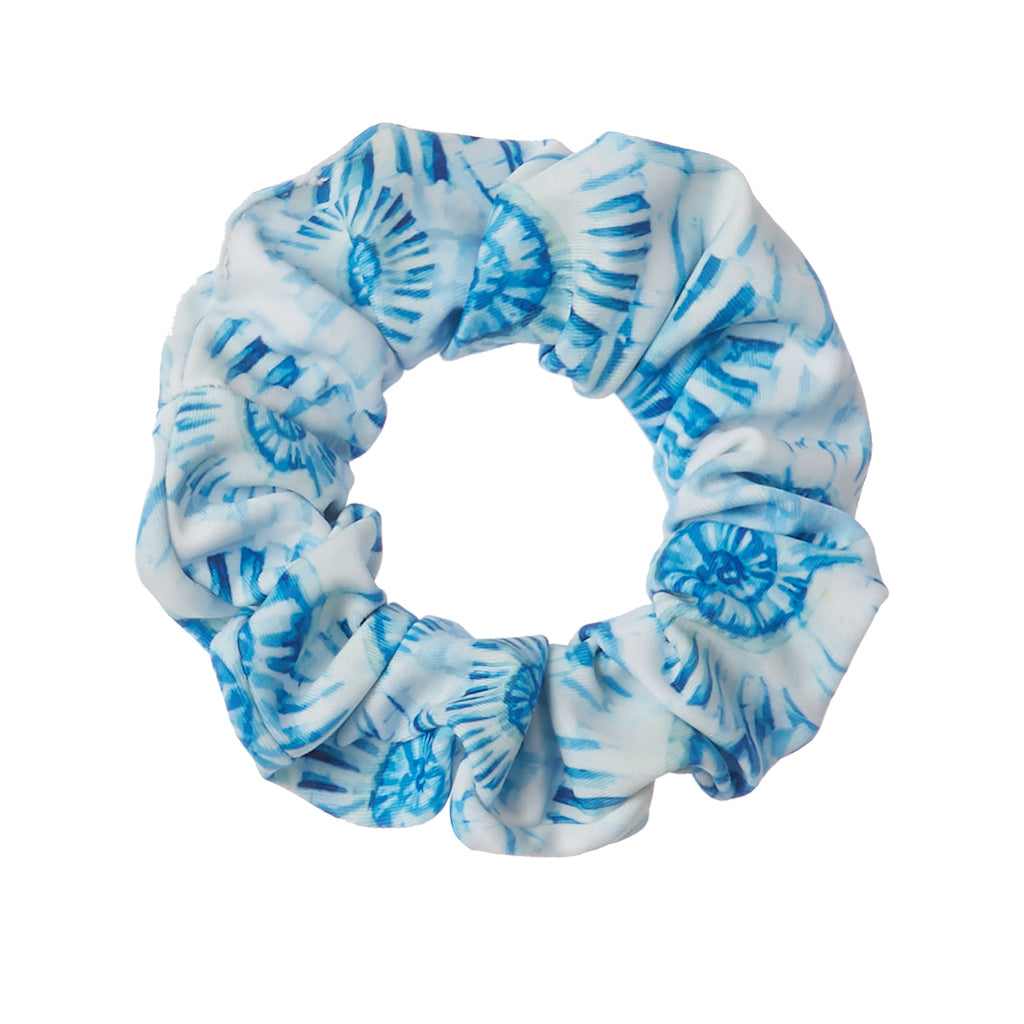 Product shot of the Marie Raxevsky hair scrunchy in Sea Shells print