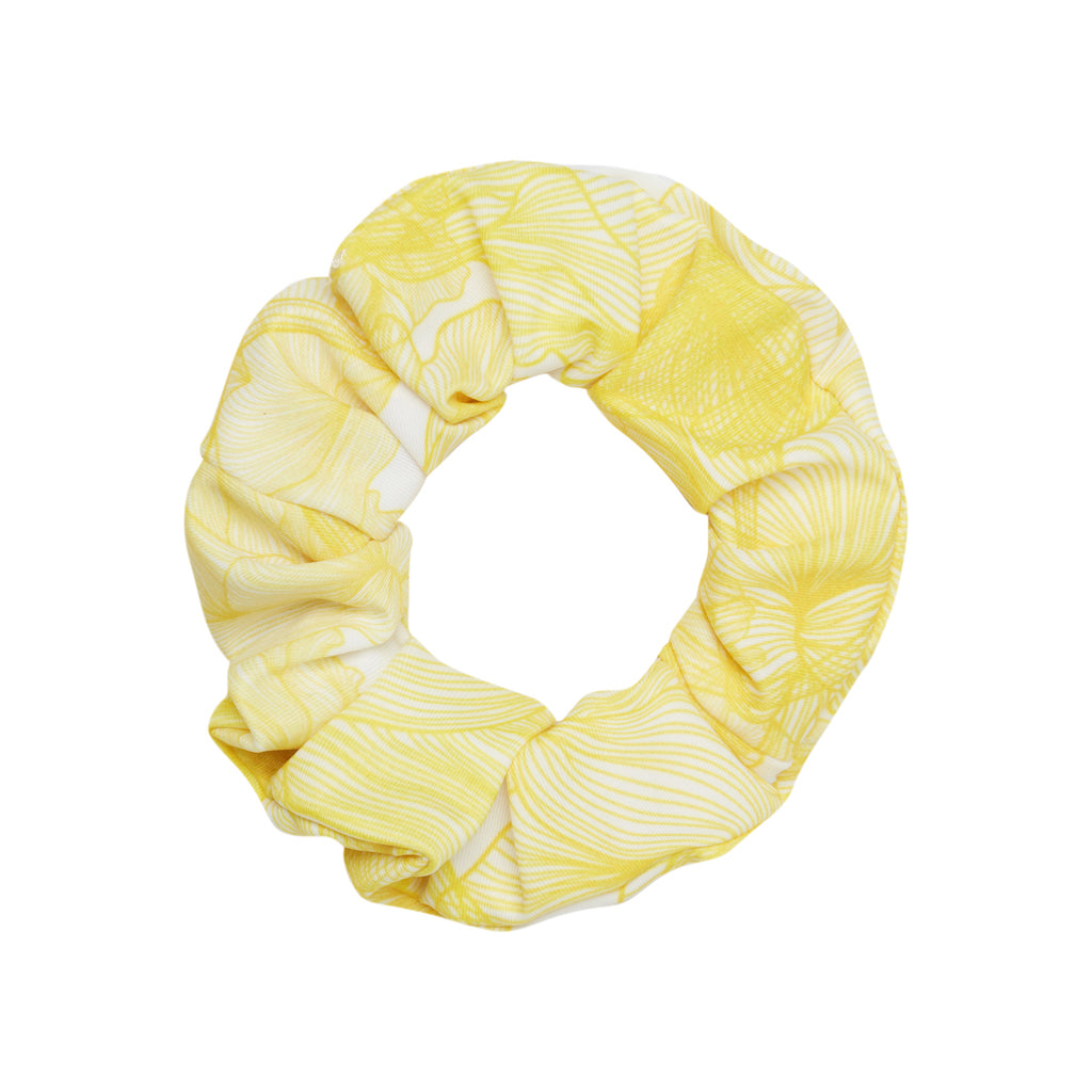 Product shot of the Marie Raxevsky hair scrunchy in Yellow Flowers Print