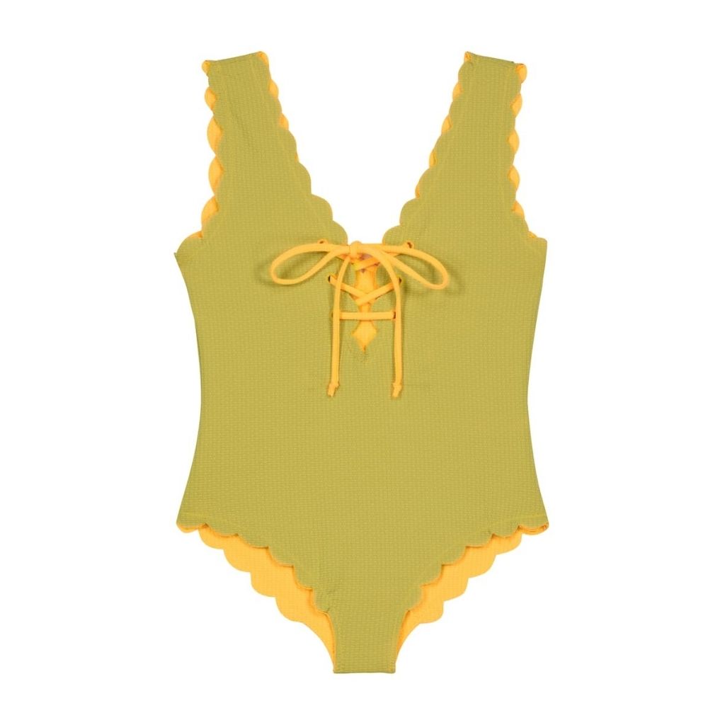 Reverse view of Marysia Bumby lace up swimsuit in wheat yellow and fern green