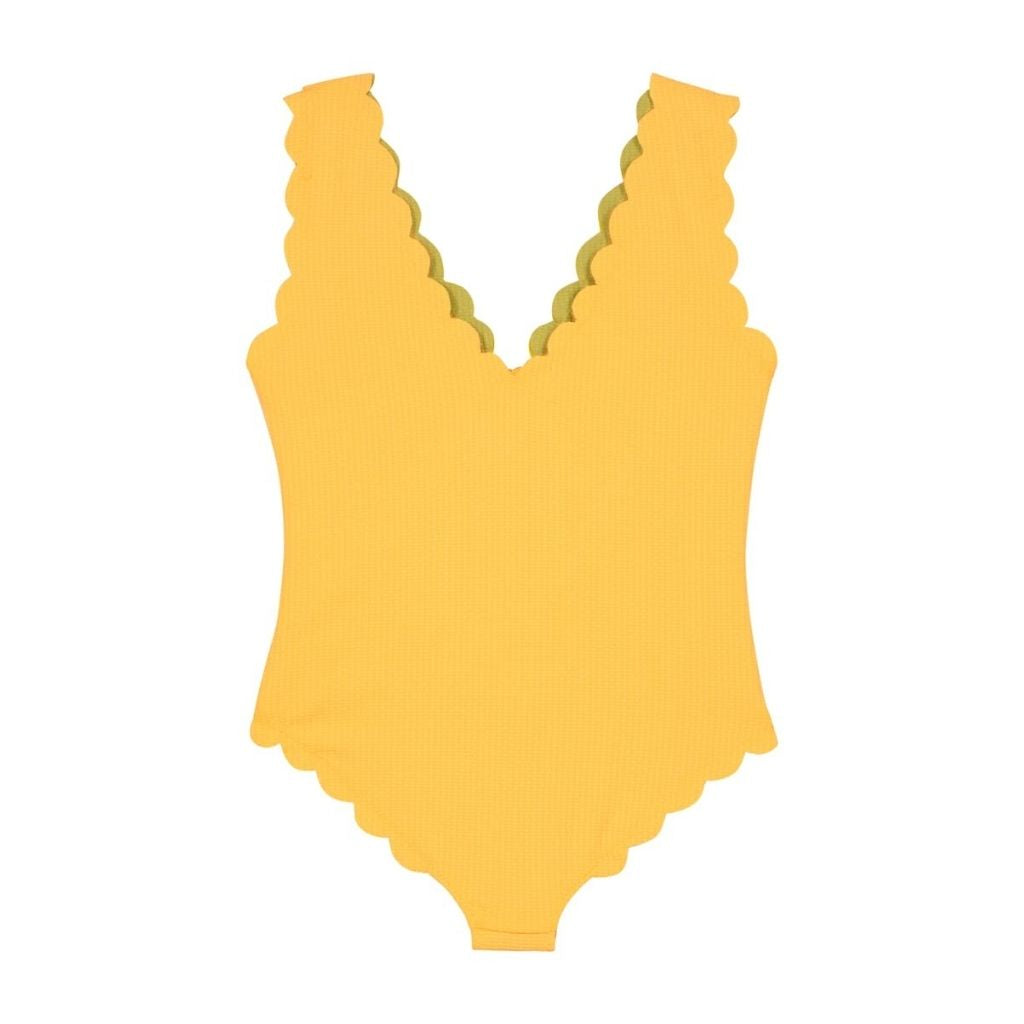 Back view of Marysia Bumby lace up swimsuit in wheat yellow and fern green