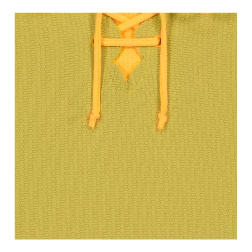 Close up of fabric on Marysia Bumby lace up swimsuit in wheat yellow and fern green