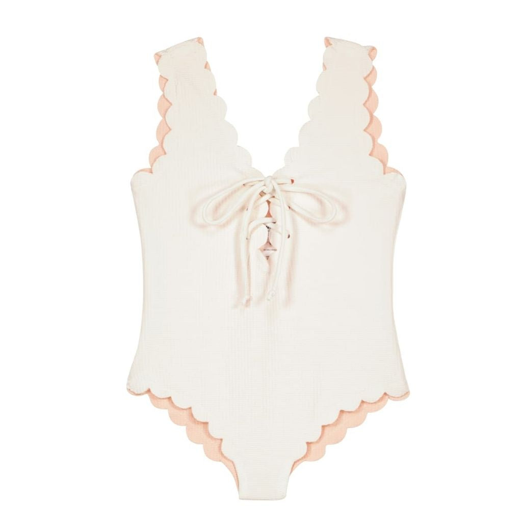 Front of Marysia Bumby Palm Springs lace-up reversible swimsuit in coconut and peach 