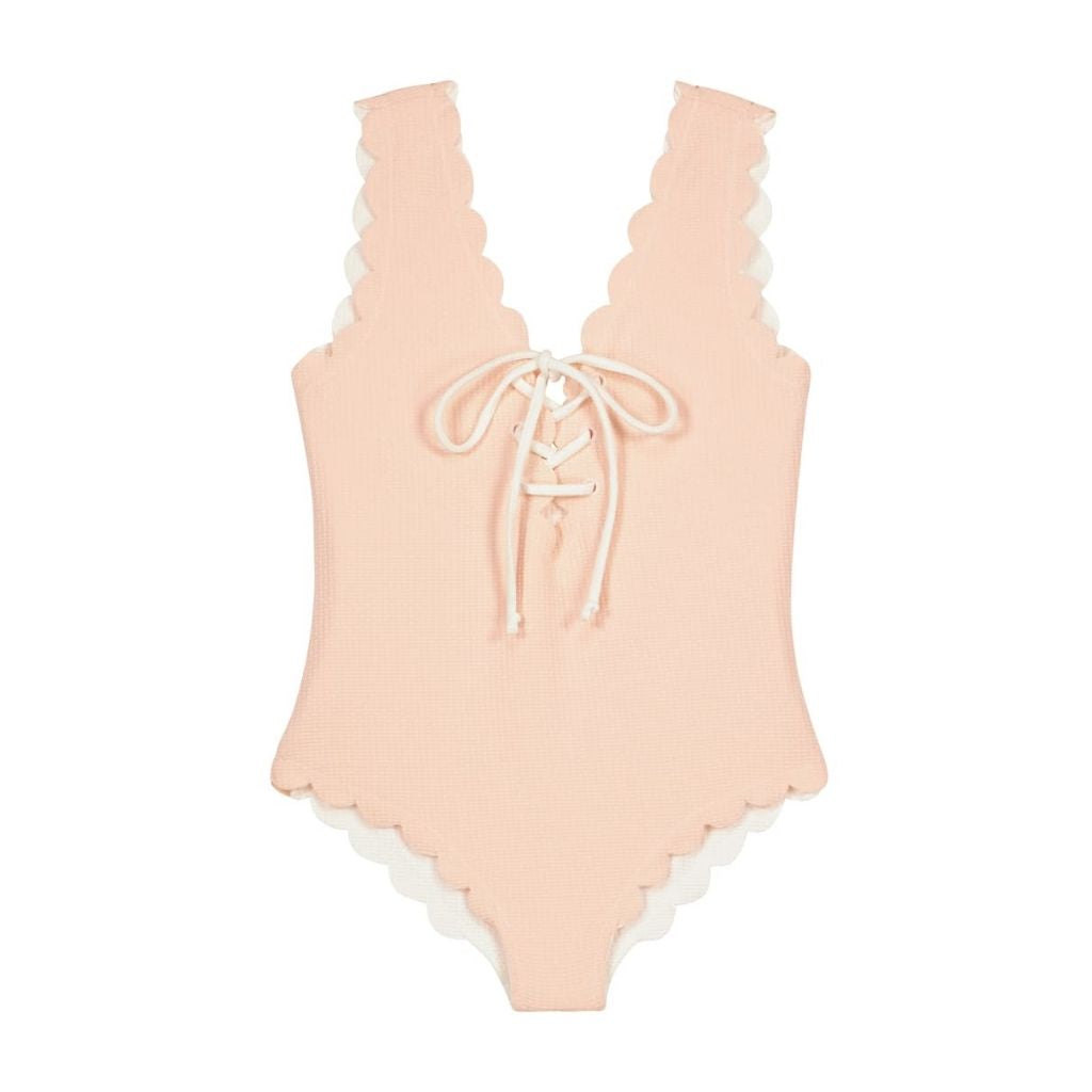 Reversible side of Marysia Bumby Palm Springs lace-up reversible swimsuit in coconut and peach 