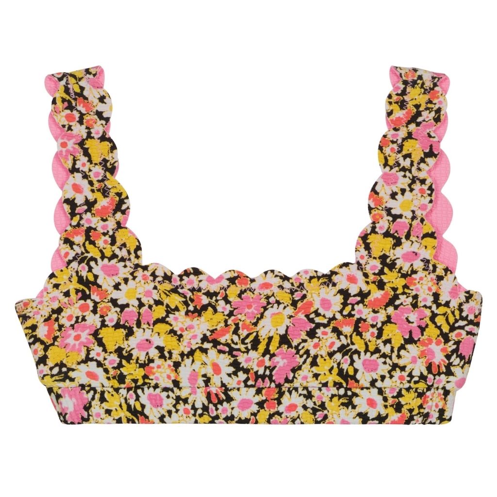 Front view of Marysia Bumby Palm Springs reversible bikini top in SS22 Blossom Flower and Blossom Pink print
