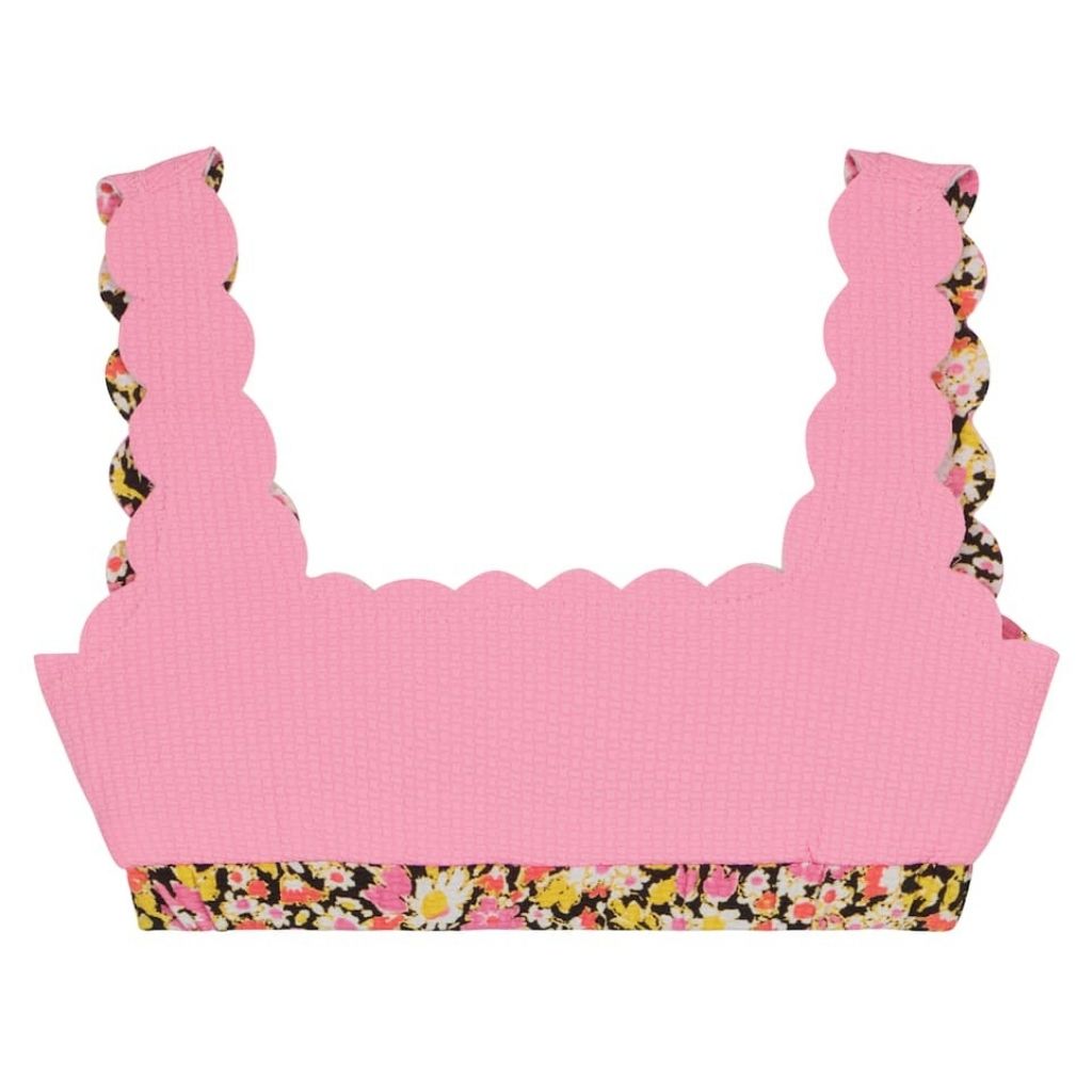 Reverse view of Marysia Bumby Palm Springs reversible bikini top in SS22 Blossom Flower and Blossom Pink print