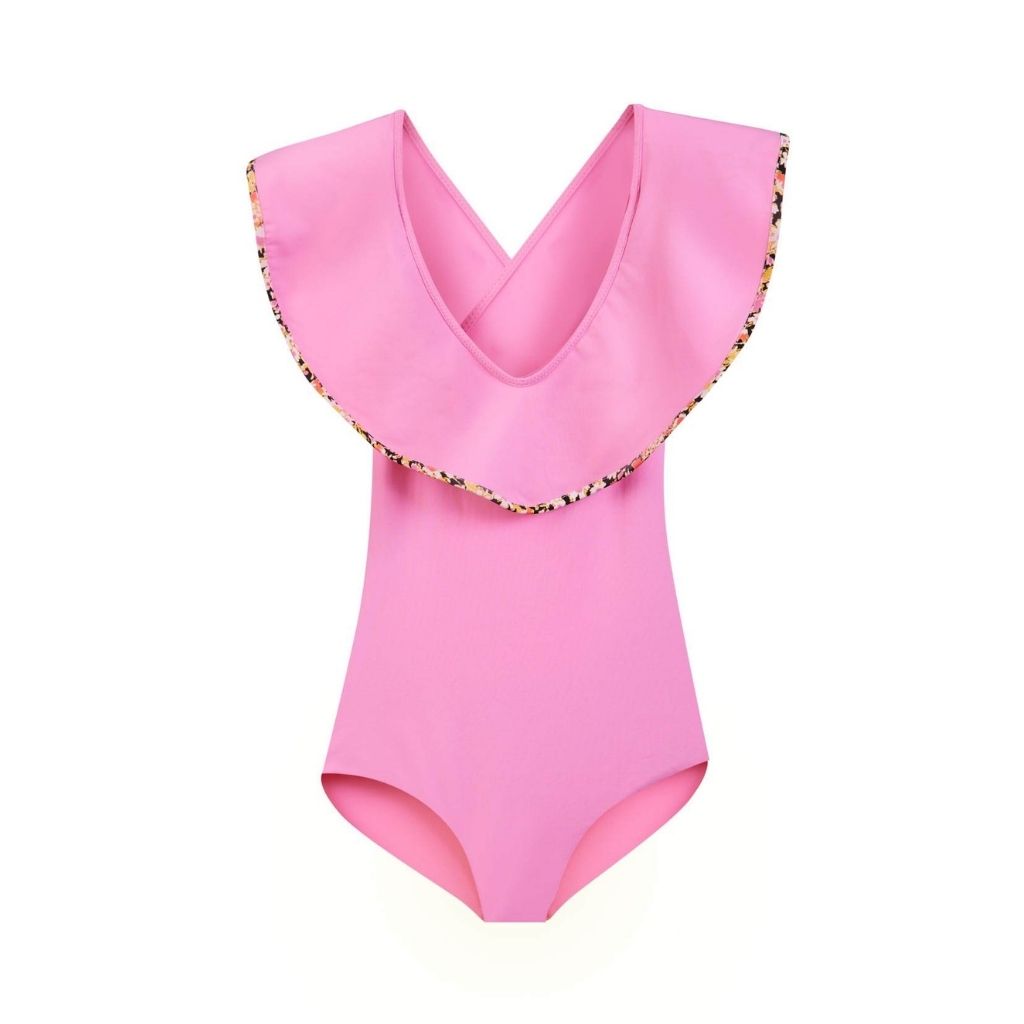 Front view of Marysia Bumby Piana Ruffle Swimsuit in Blossom Pink
