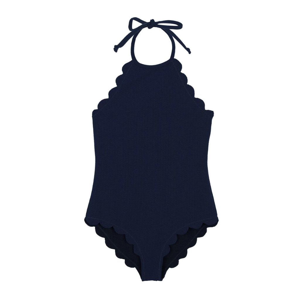 Product shot of the indigo side of the Marysia Bumby Mott Reversible Swimsuit in Black and Indigo