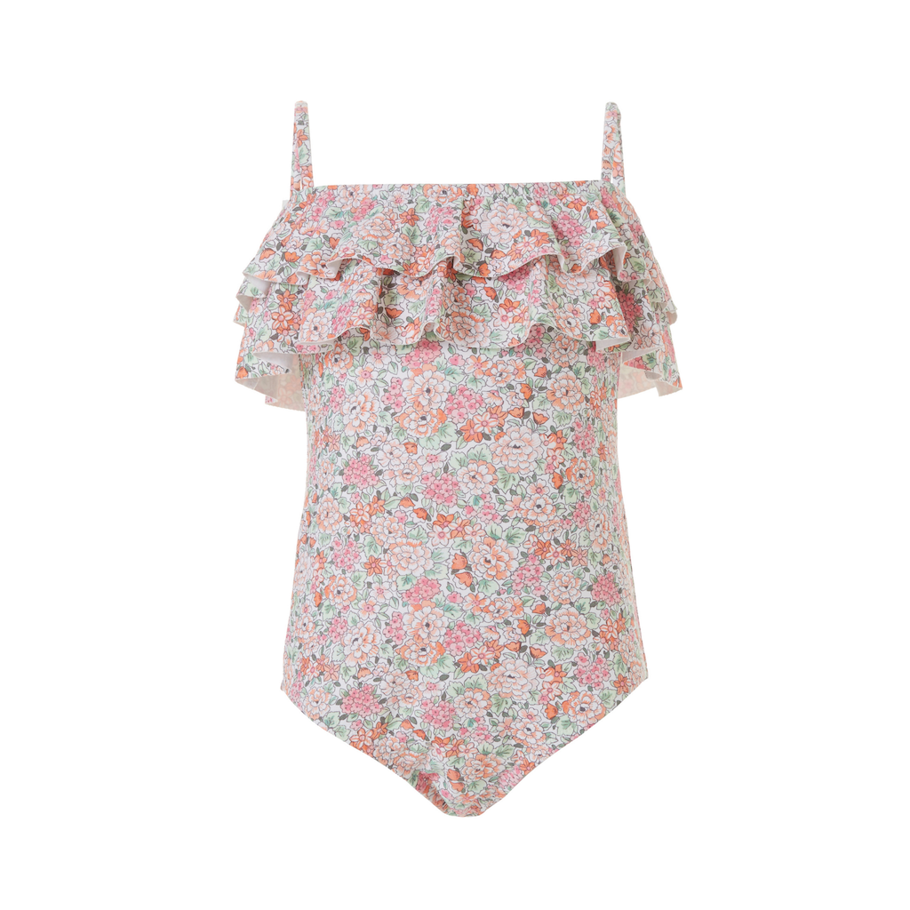 Melissa Odabash baby ivy floral ruffle swimsuit for girls in orange and pink