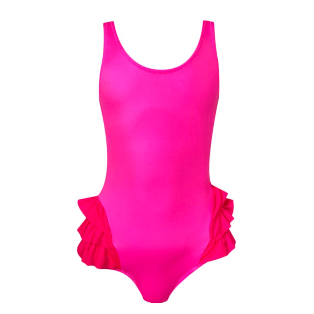 Front view of Nessi Byrd Kids neon pink one piece swimsuit with side ruffles in fuchsia
