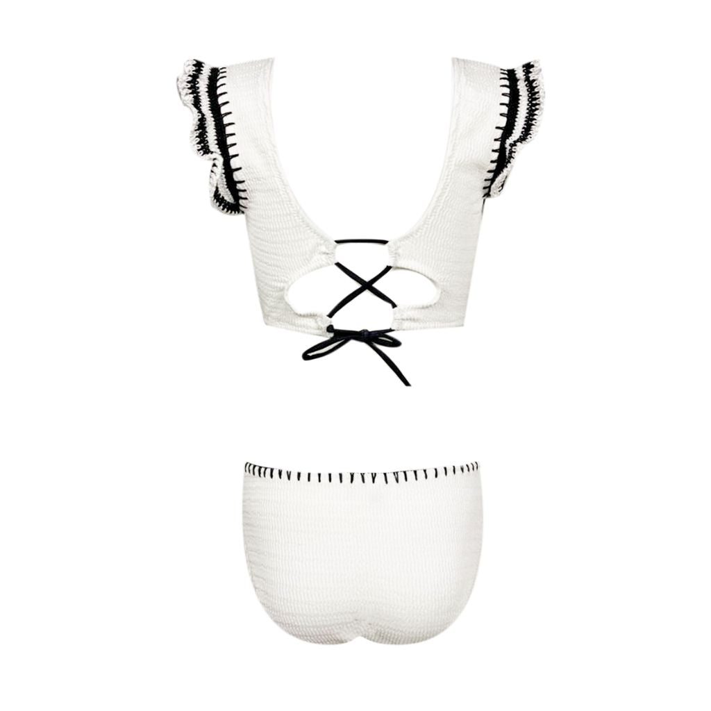 Back view of Nessi Byrd Kids Masha Two Piece Bikini in Monochrome Black and White with crochet ruffle sleeves
