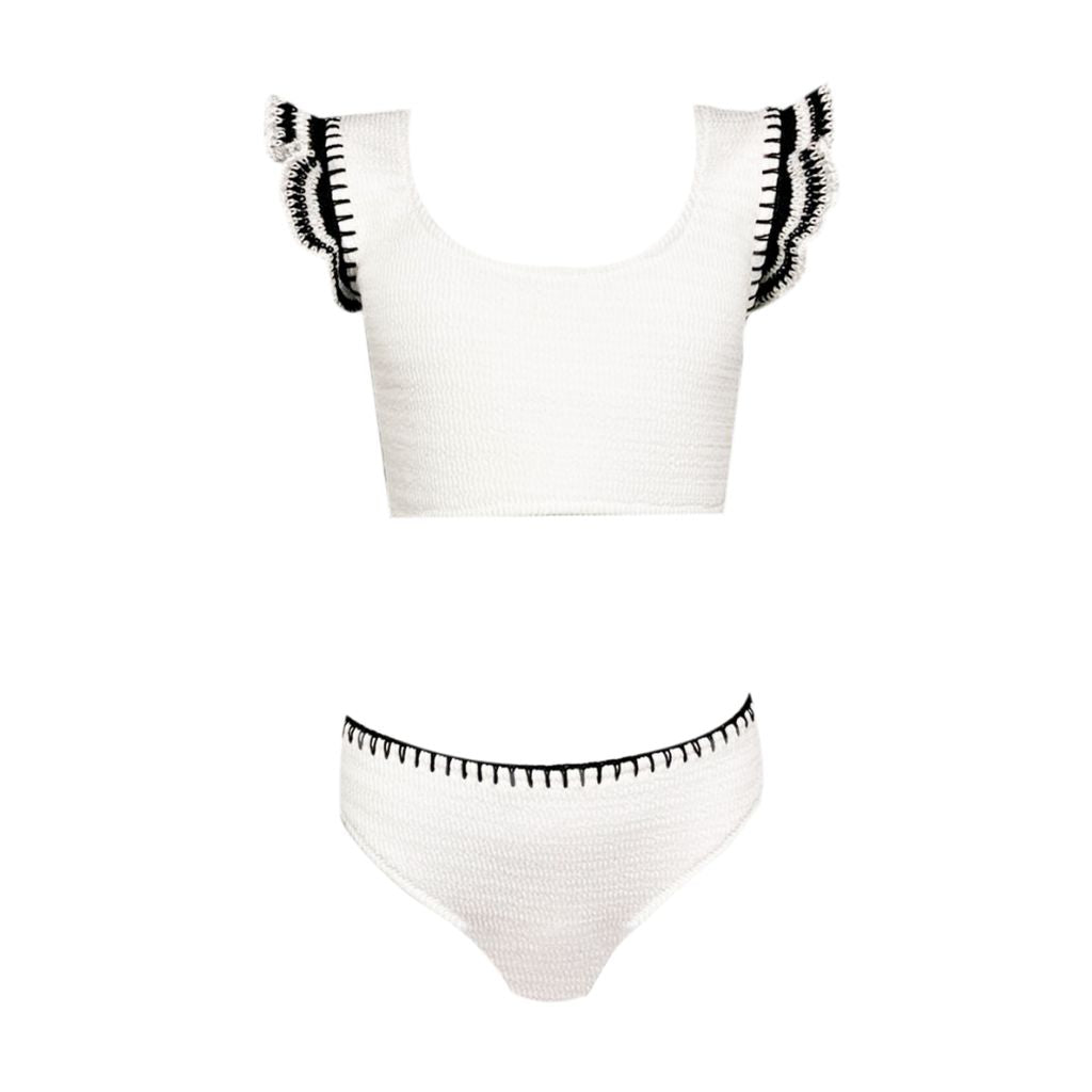 Front view of Nessi Byrd Kids Masha Two Piece Bikini in Monochrome Black and White with crochet ruffle sleeves