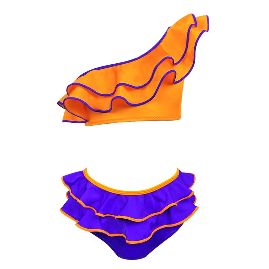 Front shot of the Nessi Byrd Maya two piece bikini in neon orange and purple