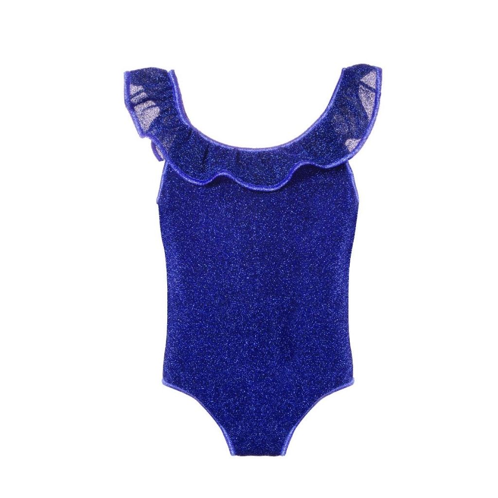 Front view of Oseree Kids lumiere metallic ruffle swimsuit for baby girl in blue
