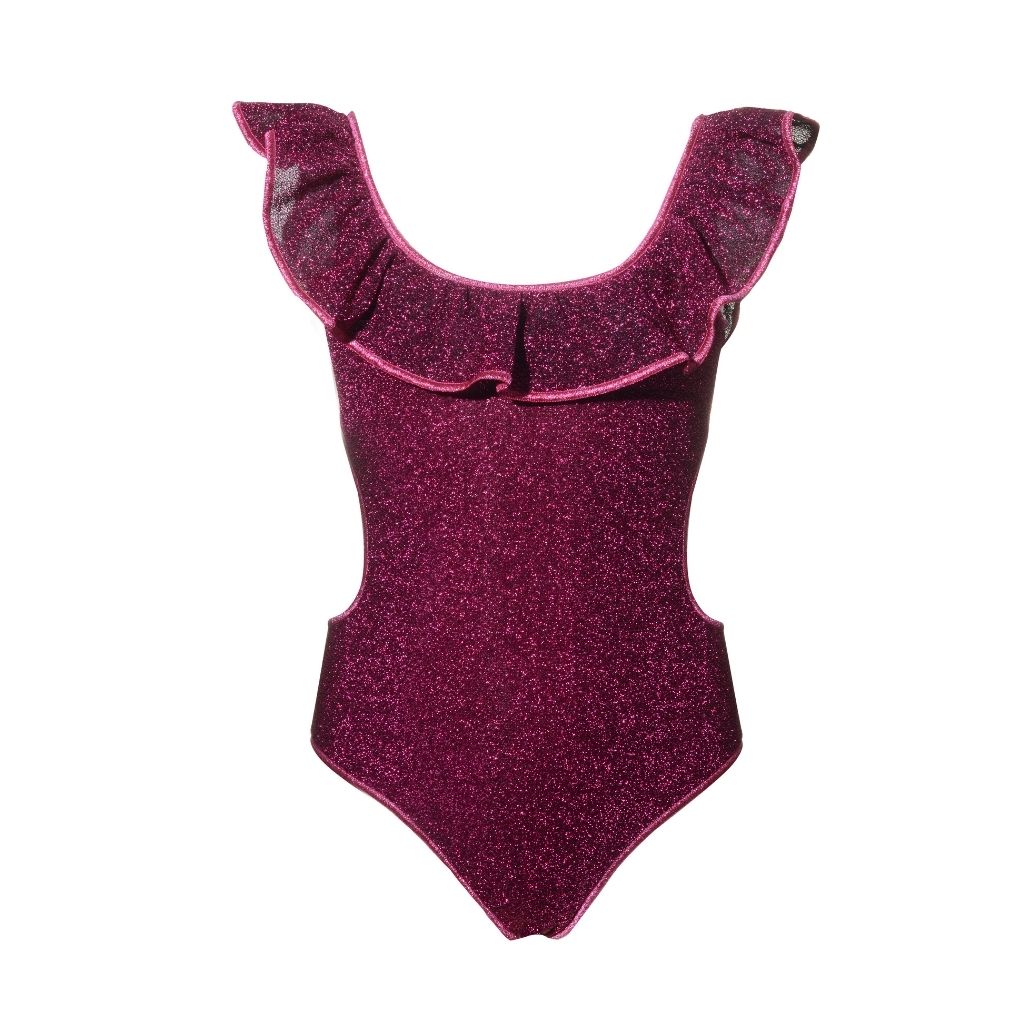 Product view of Oseree Kids Lumiere Girl Metallic Ruffle Swimsuit with cut out detail in dark fuchsia pink
