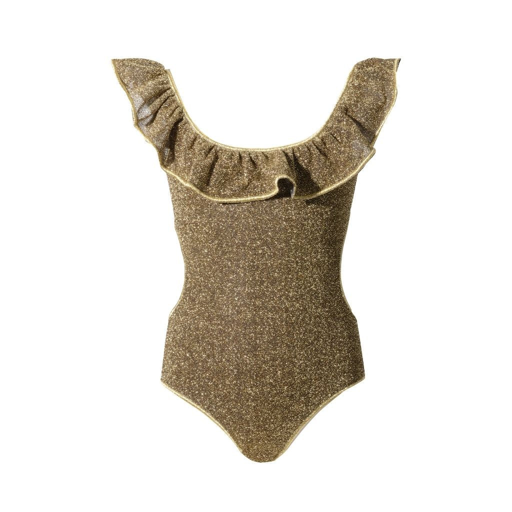Product view of Oseree Kids girl's lumiere ruffle swimsuit in metallic gold sand