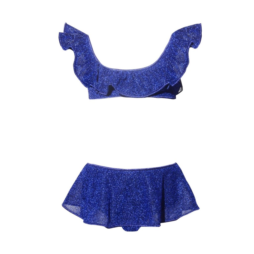 Product shot of Oseree Kids Osemini Lumiere metallic ruffle bikini for girls in blue