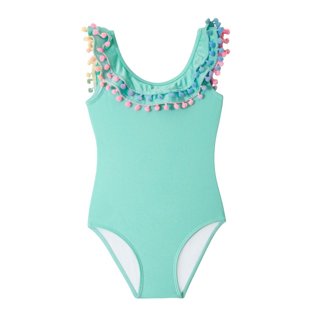 Front view of PQ Swim Kids Seashore Pom Pom One Piece Ruffle Swimsuit