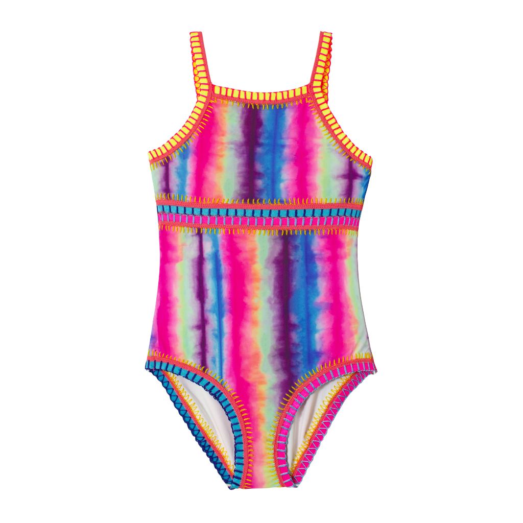 Front view of PQ Swim Girls Tie Dye Rainbow Embroidery High Neck Swimsuit One Piece 