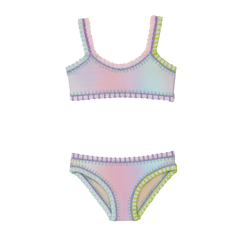 PQ Swim stitch detail sporty rainbow bikini in pinks, blues and yellows