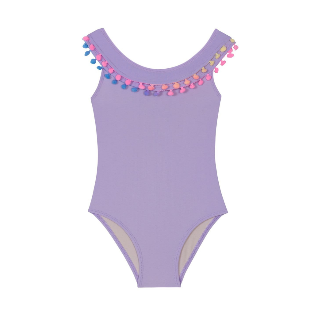 PQ Swim Pom Pom swimsuit for babies and toddlers in purple with multicolour trim 