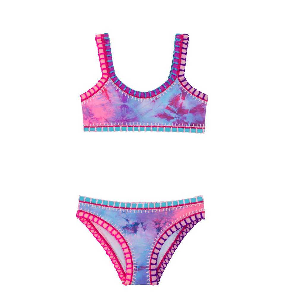 PQ Swim popsicle rainbow coloured bikini for girls with stitch detail in blues, pinks and purples