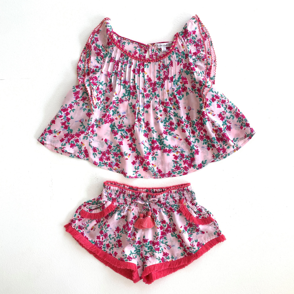 Matching Poupette St Barth Children's Ariel blouse top and lulu boxer shorts set in Kookoo Bird print