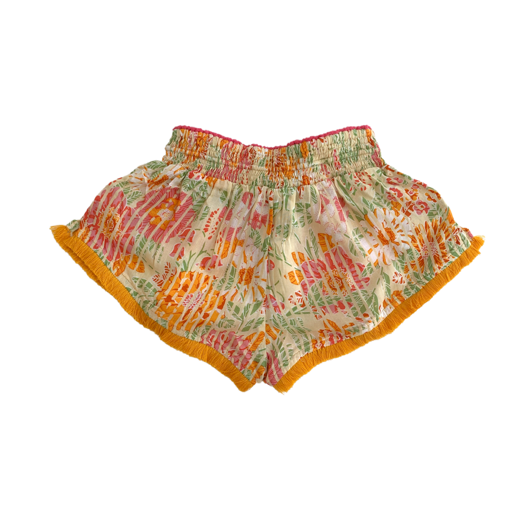 Back of Front of Poupette St Barth Children's Lulu Lace Trimmed Boxer Shorts in Yellow Marigold print