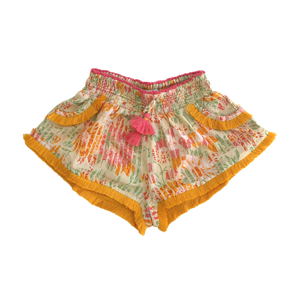Front of Poupette St Barth Children's Lulu Lace Trimmed Boxer Shorts in Yellow Marigold print