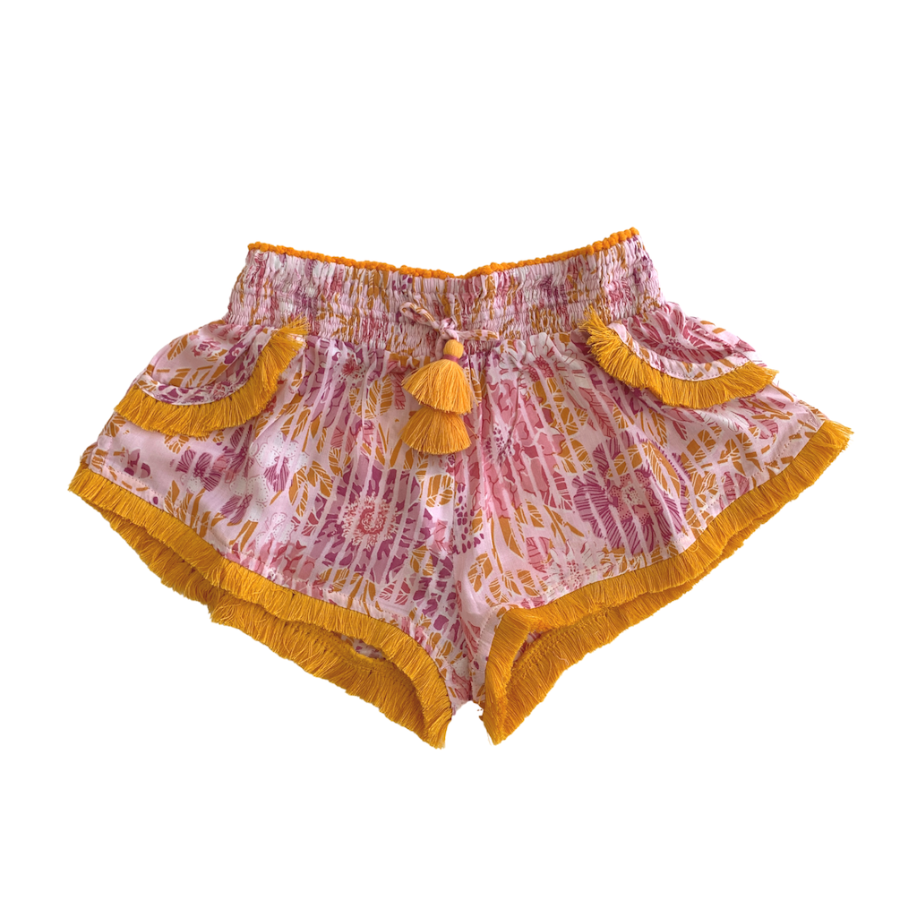 Front of Poupette St Barth Children's Lulu Lace Trimmed Boxer Shorts in Pink Marigold print