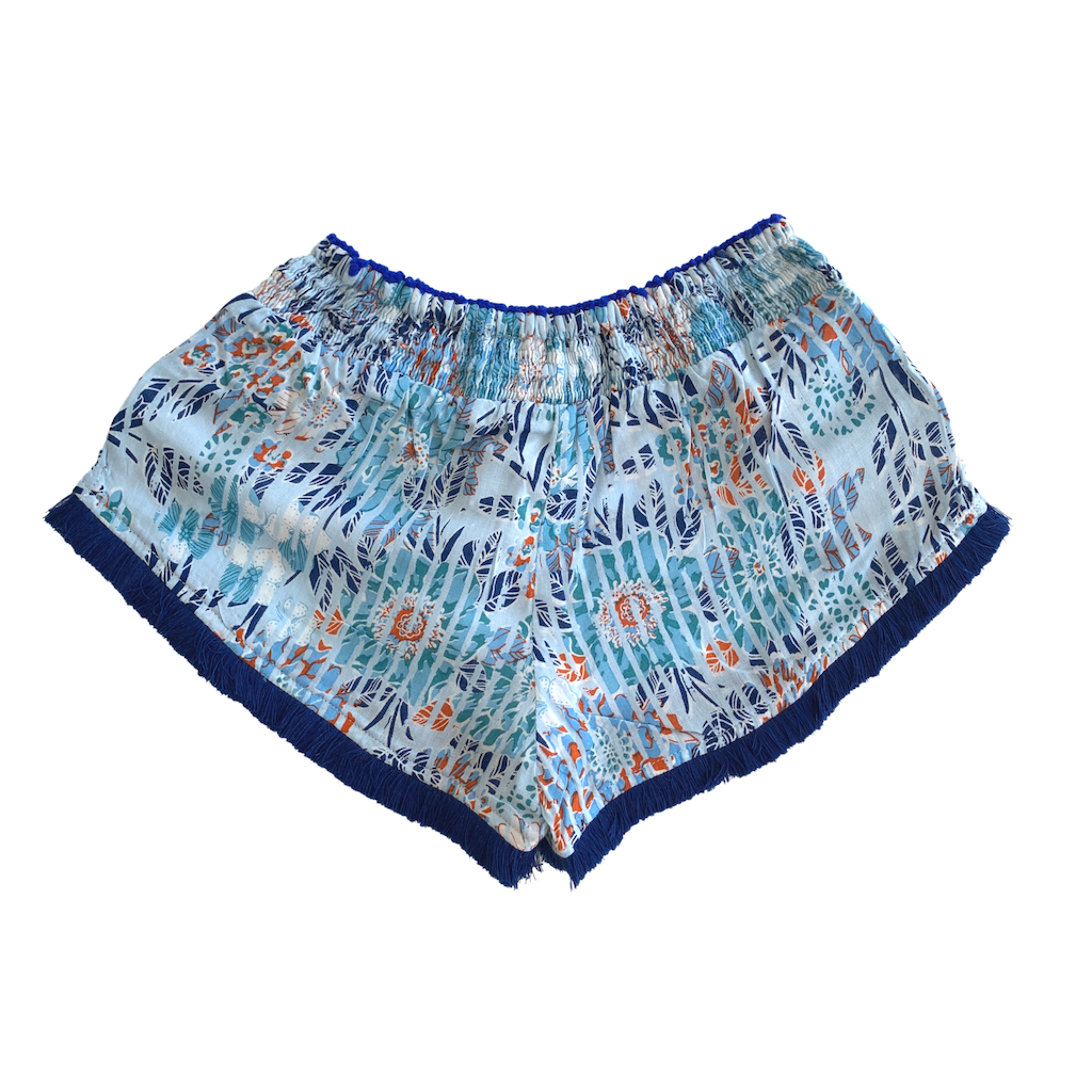 Back of Poupette St Barth Children's Lulu Lace Trimmed Boxer Shorts in Sky Blue Marigold print