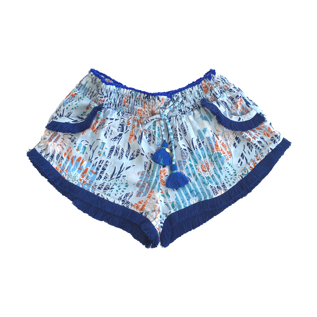 Front of Poupette St Barth Children's Lulu Lace Trimmed Boxer Shorts in Sky Blue Marigold print
