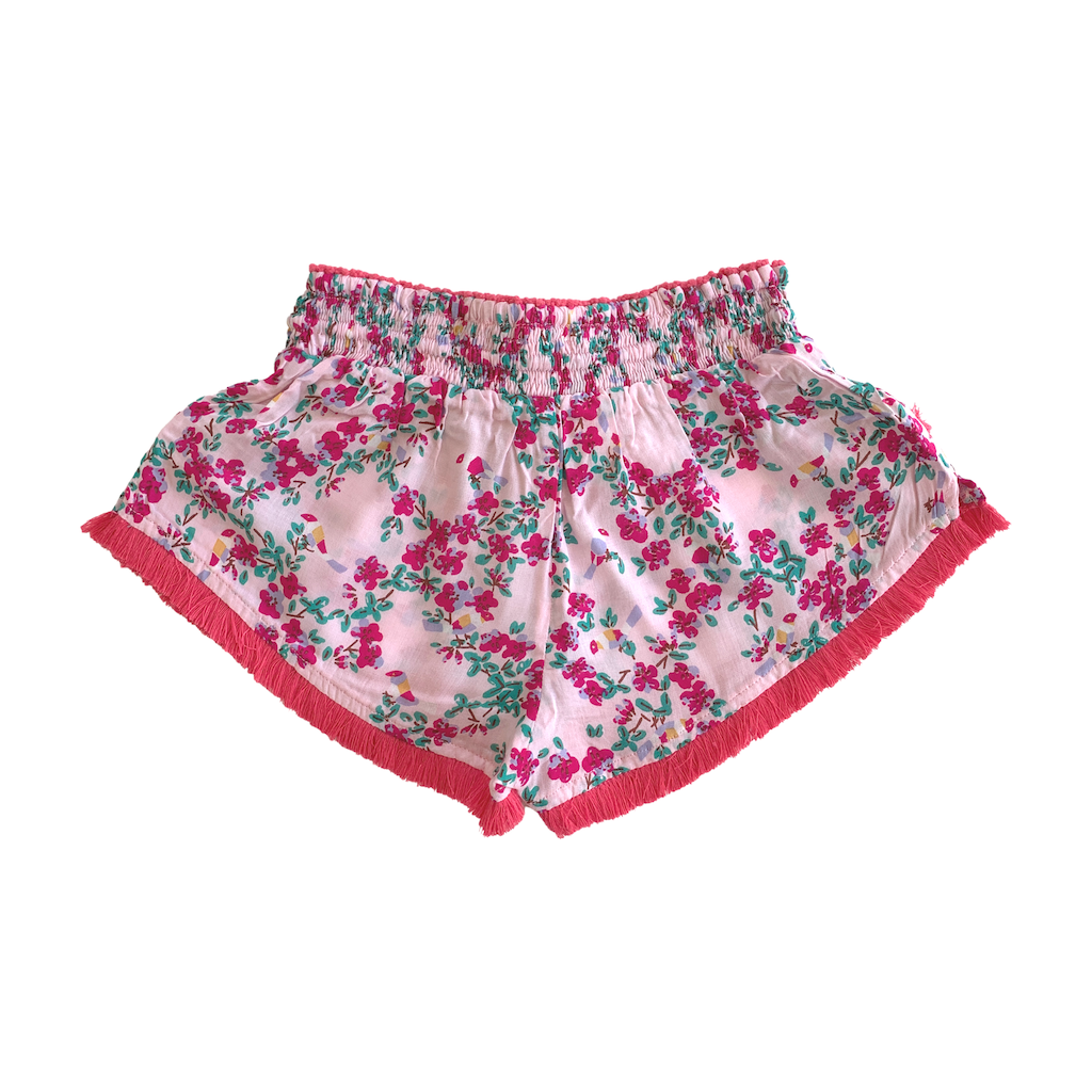 Back of Poupette St Barth Children's Lulu Lace Trimmed Boxer Shorts in Pink Kookoo Bird print