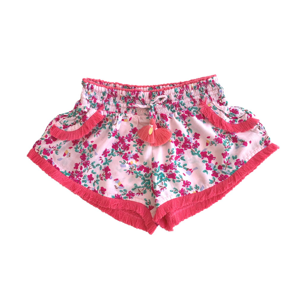 Front of Poupette St Barth Children's Lulu Lace Trimmed Boxer Shorts in Pink Kookoo Bird print