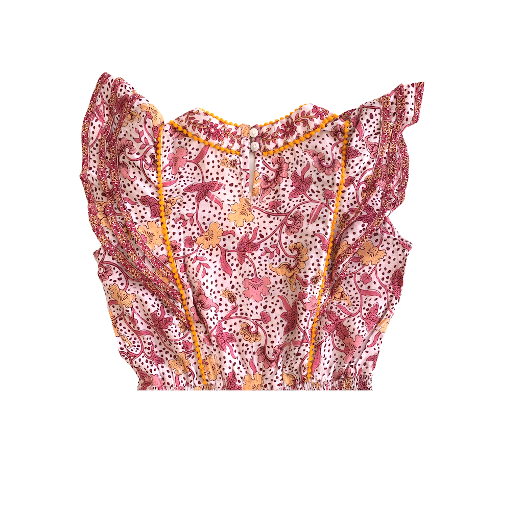 Back detail on Poupette St Barth Children's Camila Ruffled Mini Dress in Pink Clary