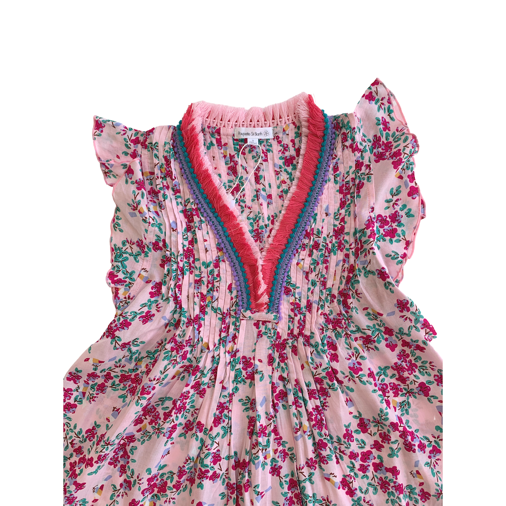 Neck detail on Poupette St Barth Children's Sasha lace trimmed mini dress in pink kookoo bird print