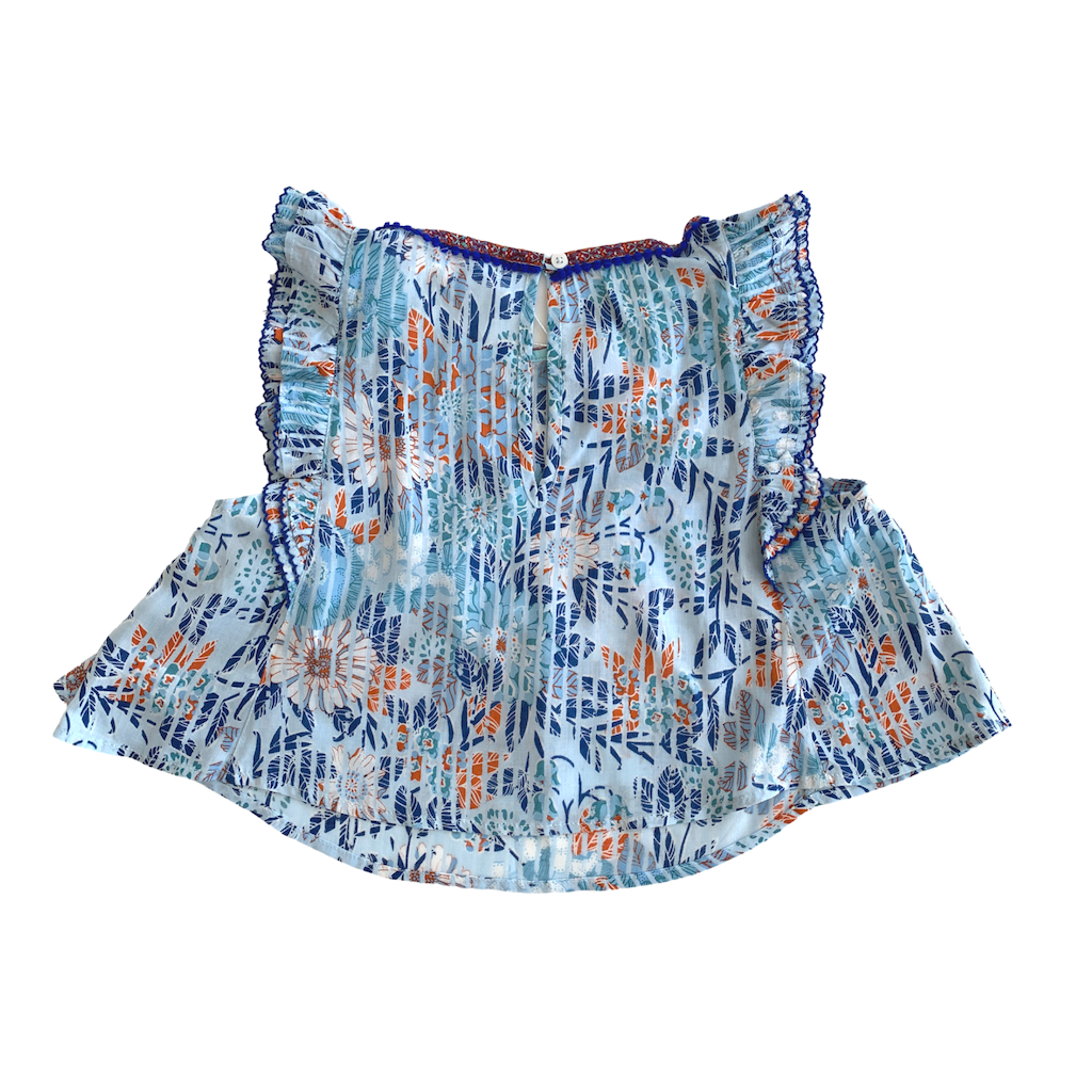 Back of Poupette St Barth Childrens Amber Pleated top blouse in sky blue marigold